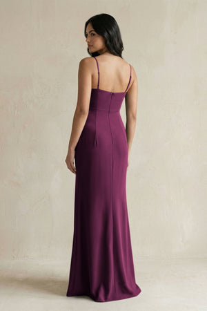 Spaghetti Straps Sheath Stain Bridesmaid Dress With Slit in Sangria - KissProm Bridesmaid Dresses