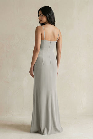 Spaghetti Straps Sheath Stain Bridesmaid Dress With Slit in Silver - KissProm Bridesmaid Dresses