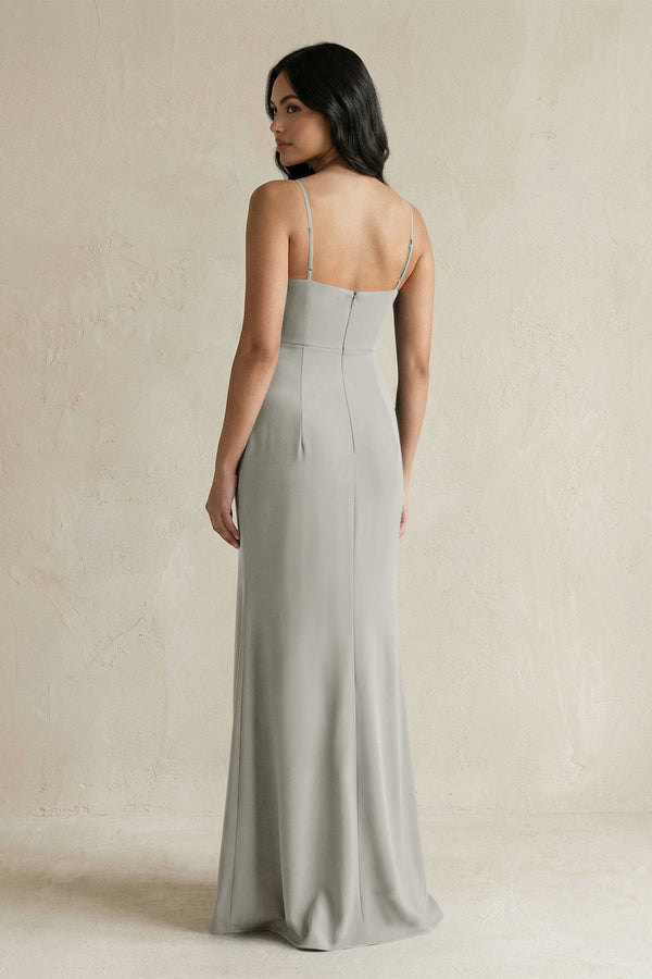 Spaghetti Straps Sheath Stain Bridesmaid Dress With Slit in Silver - KissProm Bridesmaid Dresses