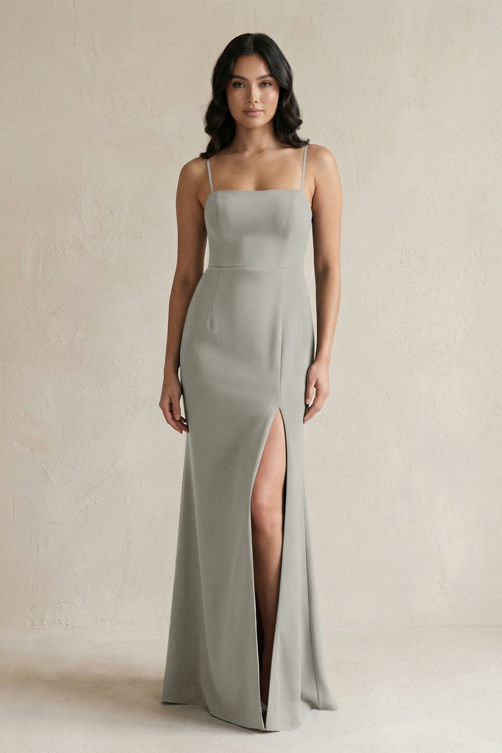 Spaghetti Straps Sheath Stain Bridesmaid Dress With Slit in Silver - KissProm Bridesmaid Dresses