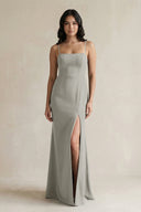 Spaghetti Straps Sheath Stain Bridesmaid Dress With Slit in Silver - KissProm Bridesmaid Dresses