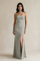 Spaghetti Straps Sheath Stain Bridesmaid Dress With Slit in Silver - KissProm Bridesmaid Dresses