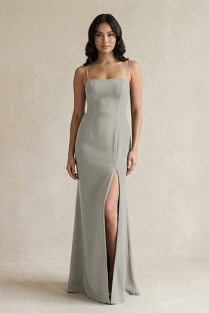 Spaghetti Straps Sheath Stain Bridesmaid Dress With Slit in Silver - KissProm Bridesmaid Dresses