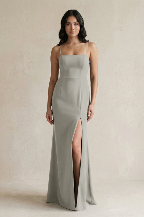 Spaghetti Straps Sheath Stain Bridesmaid Dress With Slit in Silver - KissProm Bridesmaid Dresses