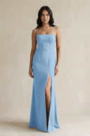 Spaghetti Straps Sheath Stain Bridesmaid Dress With Slit in Sky Blue - KissProm Bridesmaid Dresses