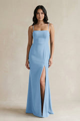 Spaghetti Straps Sheath Stain Bridesmaid Dress With Slit in Sky Blue - KissProm Bridesmaid Dresses