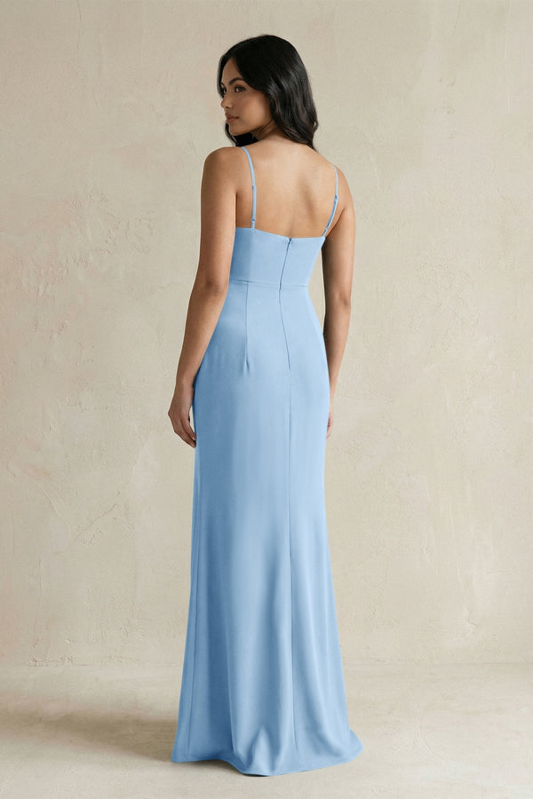 KissProm | Spaghetti Straps Sheath Stain Bridesmaid Dress With Slit in Sky  Blue