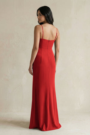 Spaghetti Straps Sheath Stain Bridesmaid Dress With Slit in Spice - KissProm Bridesmaid Dresses
