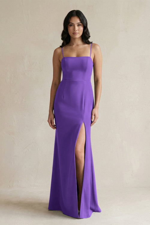Spaghetti Straps Sheath Stain Bridesmaid Dress With Slit in Tahiti - KissProm Bridesmaid Dresses