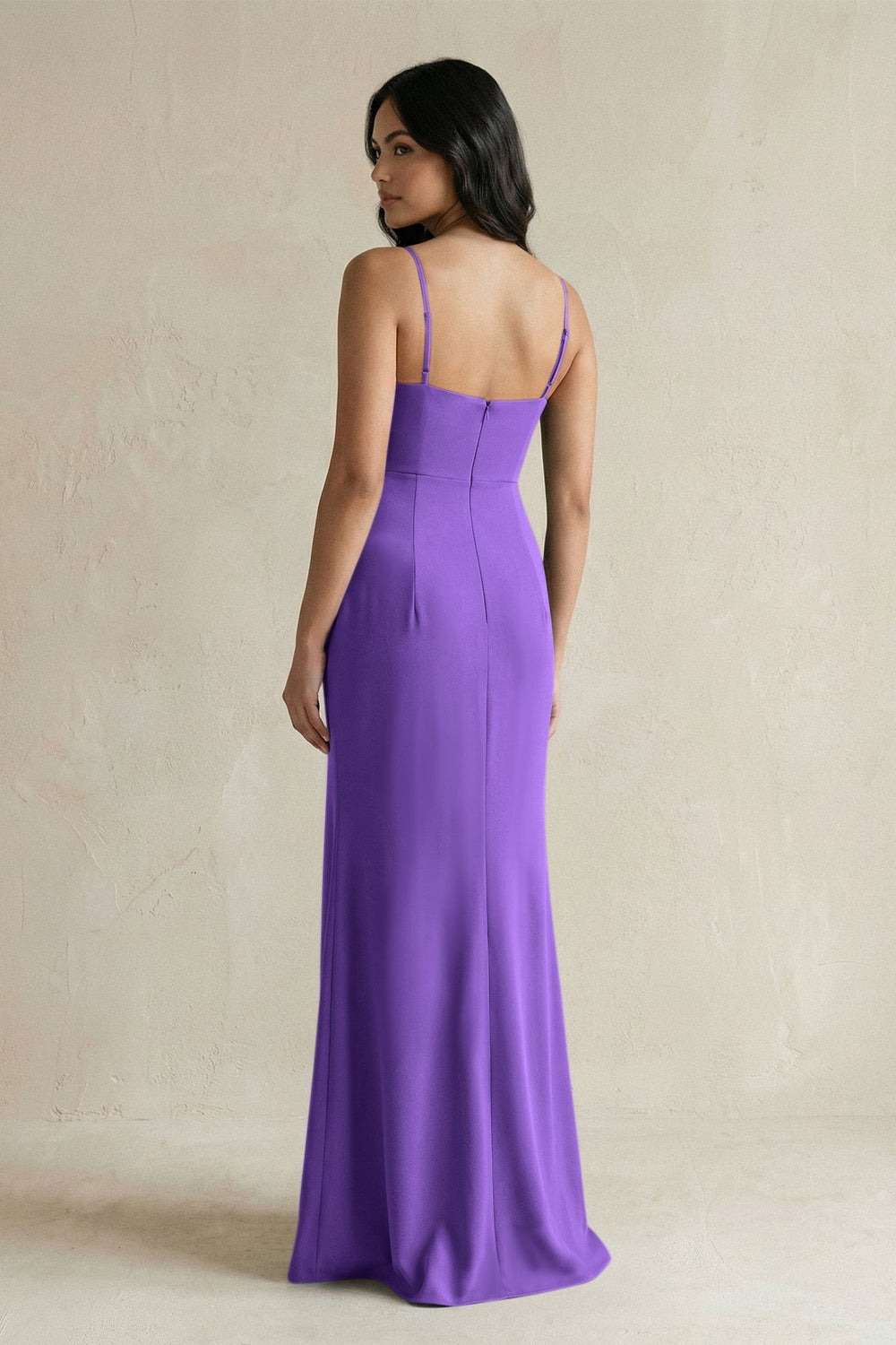 Spaghetti Straps Sheath Stain Bridesmaid Dress With Slit in Tahiti - KissProm Bridesmaid Dresses