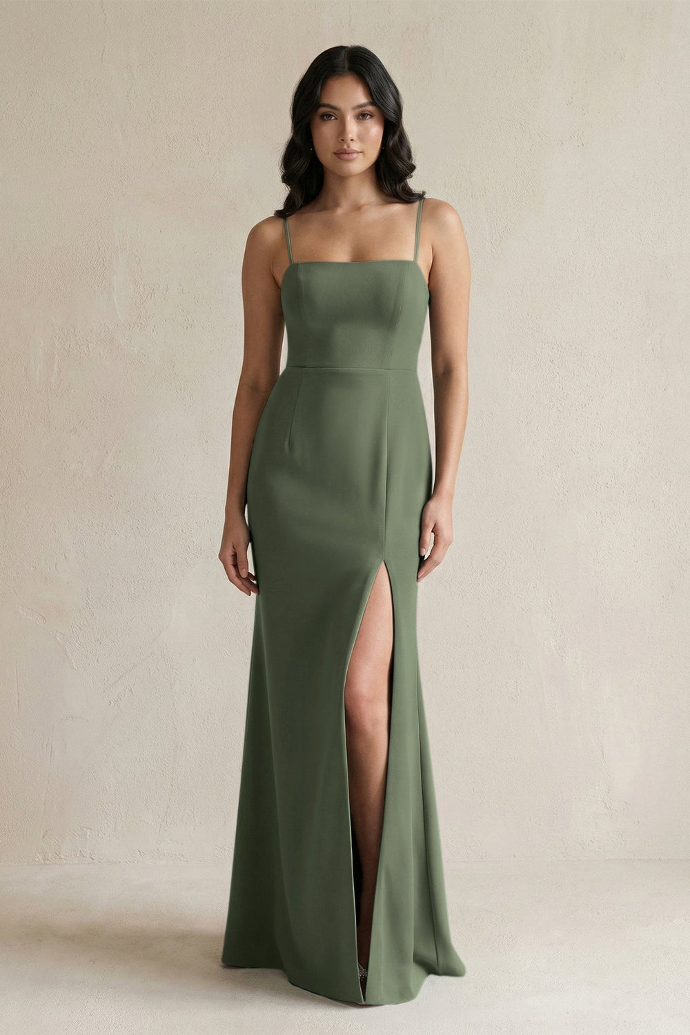Spaghetti Straps Sheath Stain Bridesmaid Dress With Slit in Thyme - KissProm Bridesmaid Dresses
