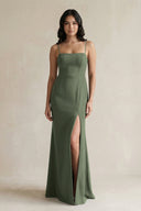 Spaghetti Straps Sheath Stain Bridesmaid Dress With Slit in Thyme - KissProm Bridesmaid Dresses