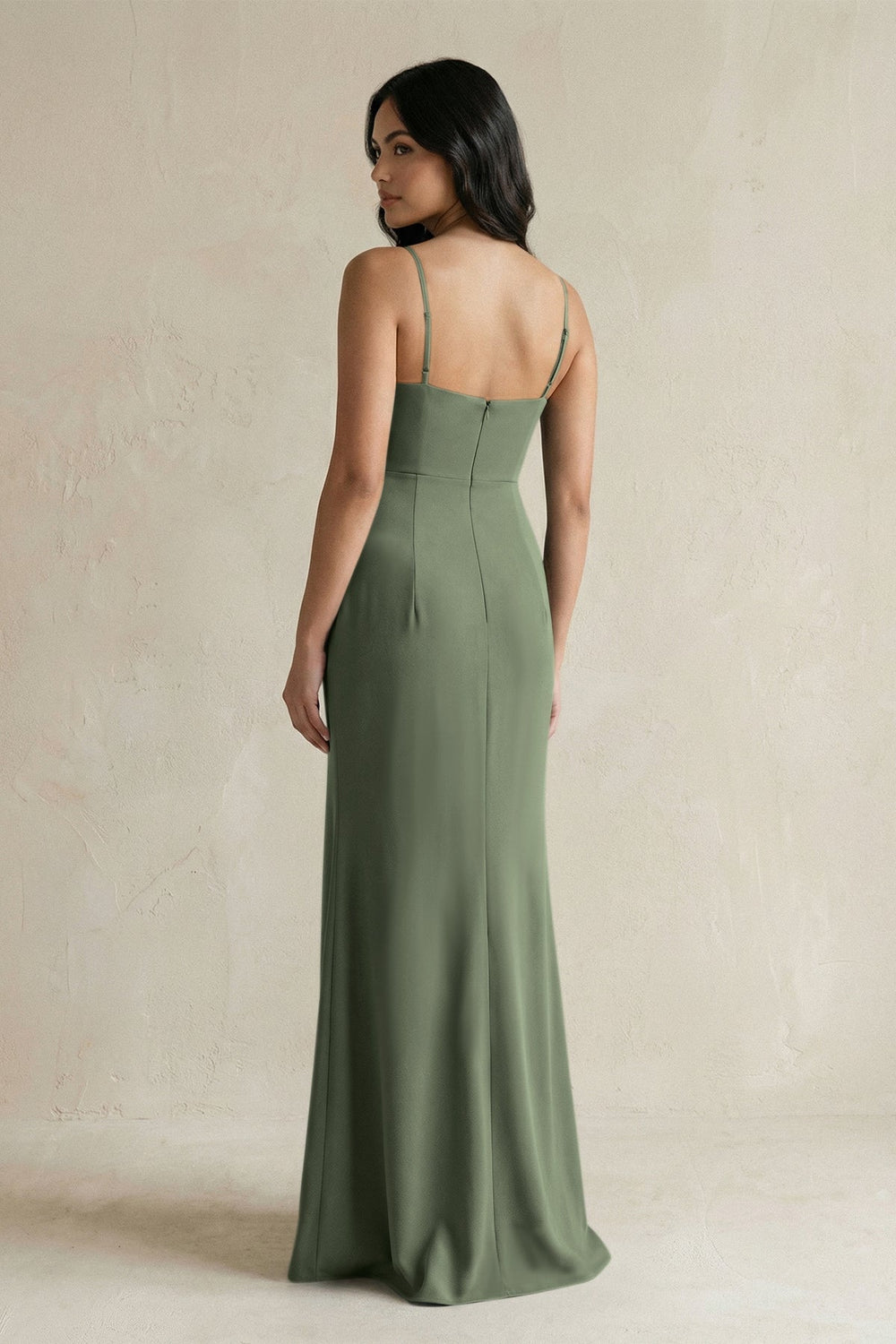 Spaghetti Straps Sheath Stain Bridesmaid Dress With Slit in Thyme - KissProm Bridesmaid Dresses