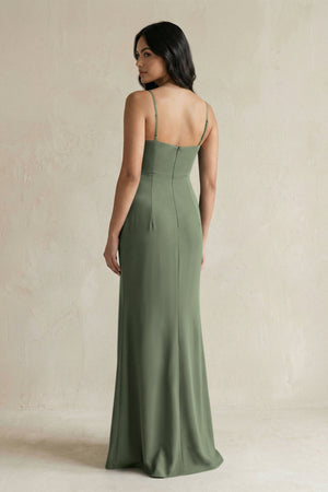 Spaghetti Straps Sheath Stain Bridesmaid Dress With Slit in Thyme - KissProm Bridesmaid Dresses