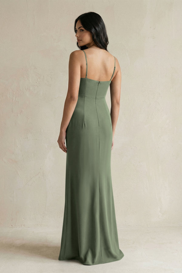 Spaghetti Straps Sheath Stain Bridesmaid Dress With Slit in Thyme - KissProm Bridesmaid Dresses