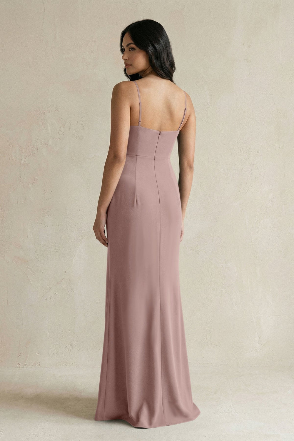 Spaghetti Straps Sheath Stain Bridesmaid Dress With Slit in Toffee - KissProm Bridesmaid Dresses