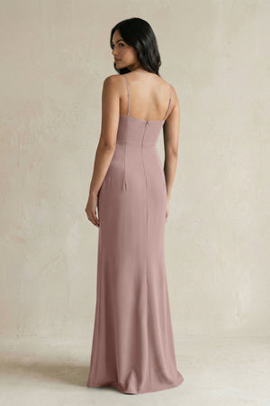 Spaghetti Straps Sheath Stain Bridesmaid Dress With Slit in Toffee - KissProm Bridesmaid Dresses