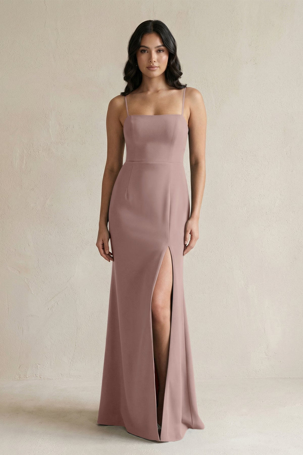 Spaghetti Straps Sheath Stain Bridesmaid Dress With Slit in Toffee - KissProm Bridesmaid Dresses