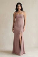 Spaghetti Straps Sheath Stain Bridesmaid Dress With Slit in Toffee - KissProm Bridesmaid Dresses