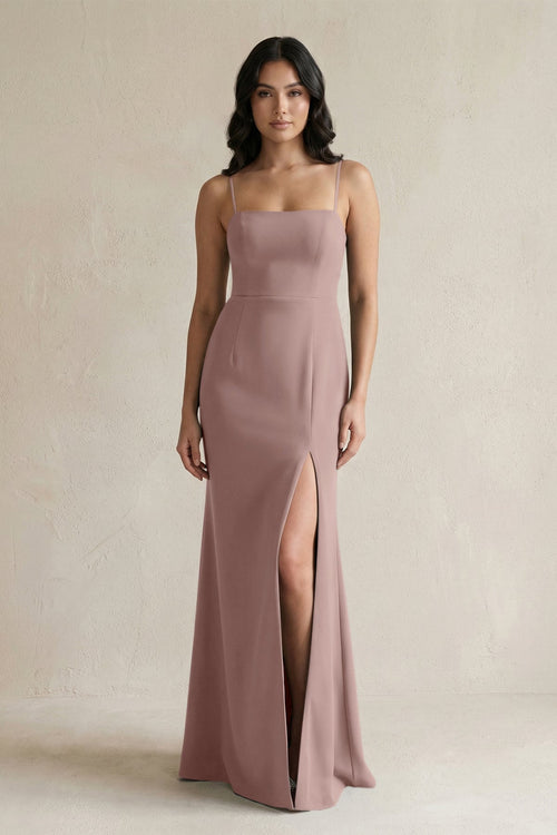 Spaghetti Straps Sheath Stain Bridesmaid Dress With Slit in Toffee - KissProm Bridesmaid Dresses