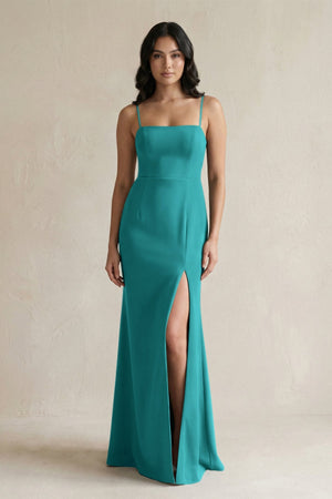 Spaghetti Straps Sheath Stain Bridesmaid Dress With Slit in Turquoise - KissProm Bridesmaid Dresses