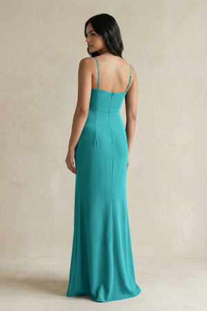 Spaghetti Straps Sheath Stain Bridesmaid Dress With Slit in Turquoise - KissProm Bridesmaid Dresses