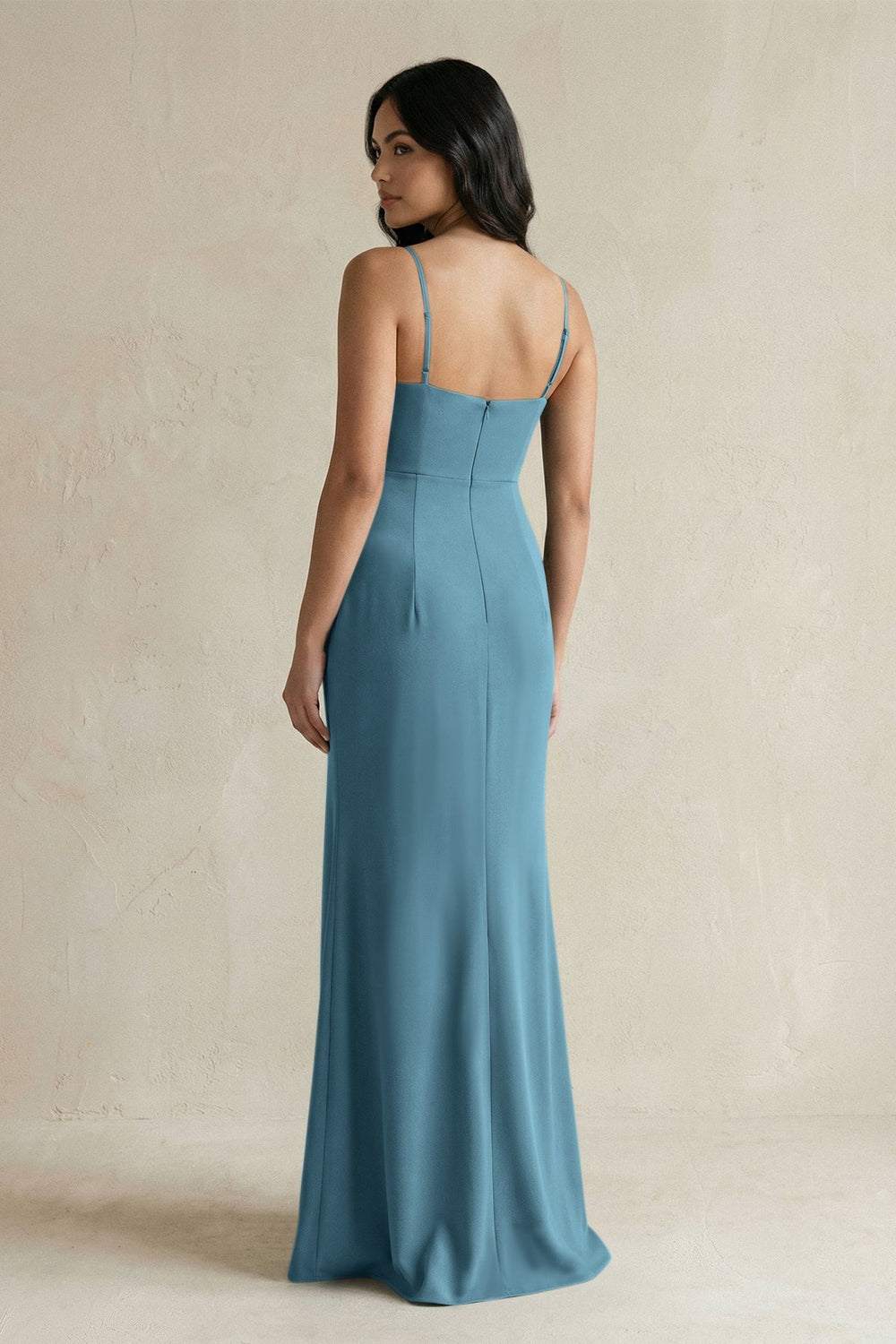Spaghetti Straps Sheath Stain Bridesmaid Dress With Slit in Twilight - KissProm Bridesmaid Dresses