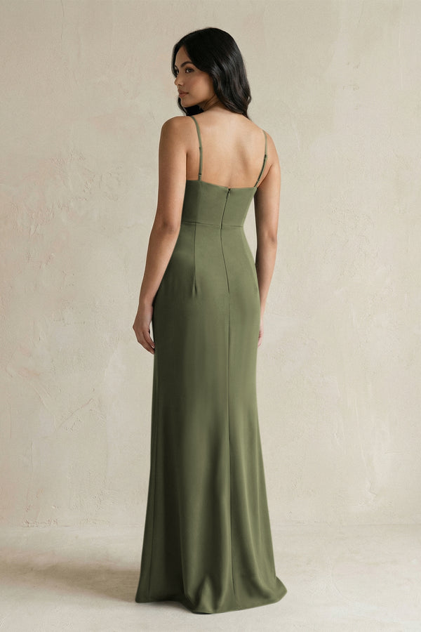 Spaghetti Straps Sheath Stain Bridesmaid Dress With Slit in Willow Green - KissProm Bridesmaid Dresses