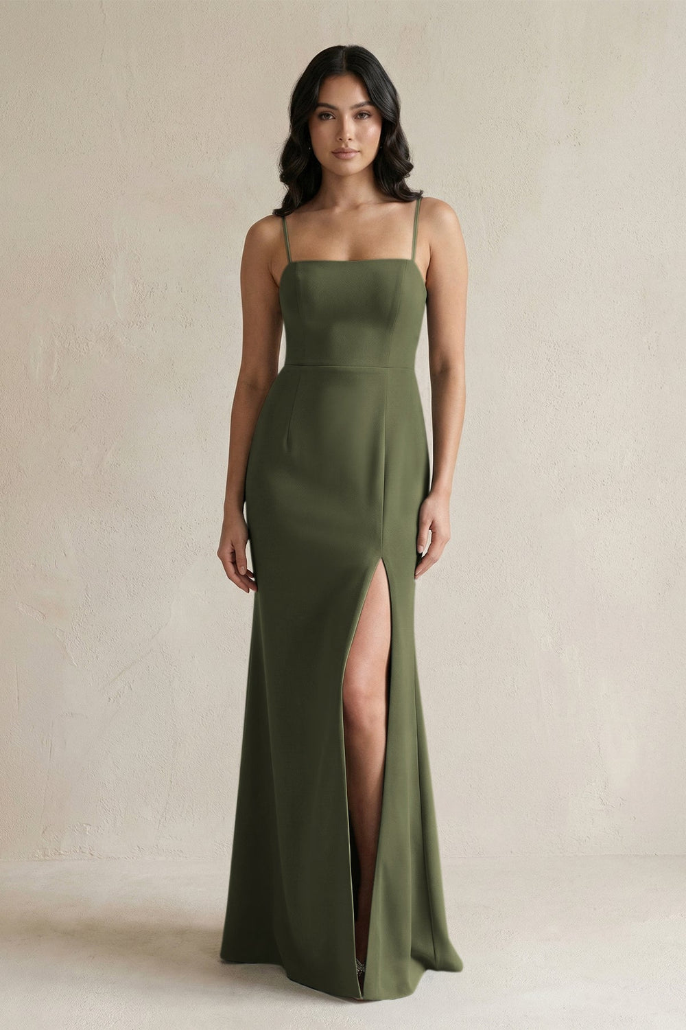 Spaghetti Straps Sheath Stain Bridesmaid Dress With Slit in Willow Green - KissProm Bridesmaid Dresses