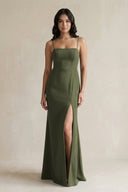Spaghetti Straps Sheath Stain Bridesmaid Dress With Slit in Willow Green - KissProm Bridesmaid Dresses