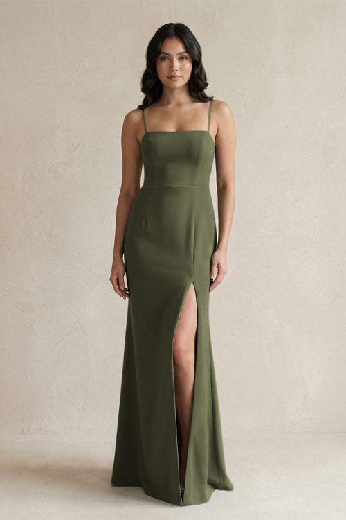 Spaghetti Straps Sheath Stain Bridesmaid Dress With Slit in Willow Green - KissProm Bridesmaid Dresses