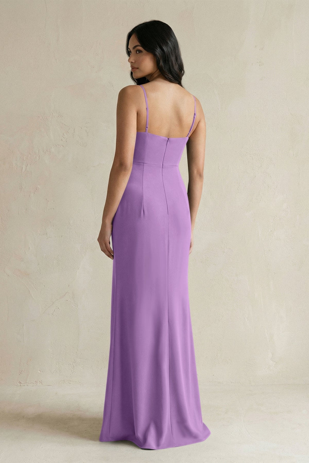 Spaghetti Straps Sheath Stain Bridesmaid Dress With Slit in Wisteria - KissProm Bridesmaid Dresses