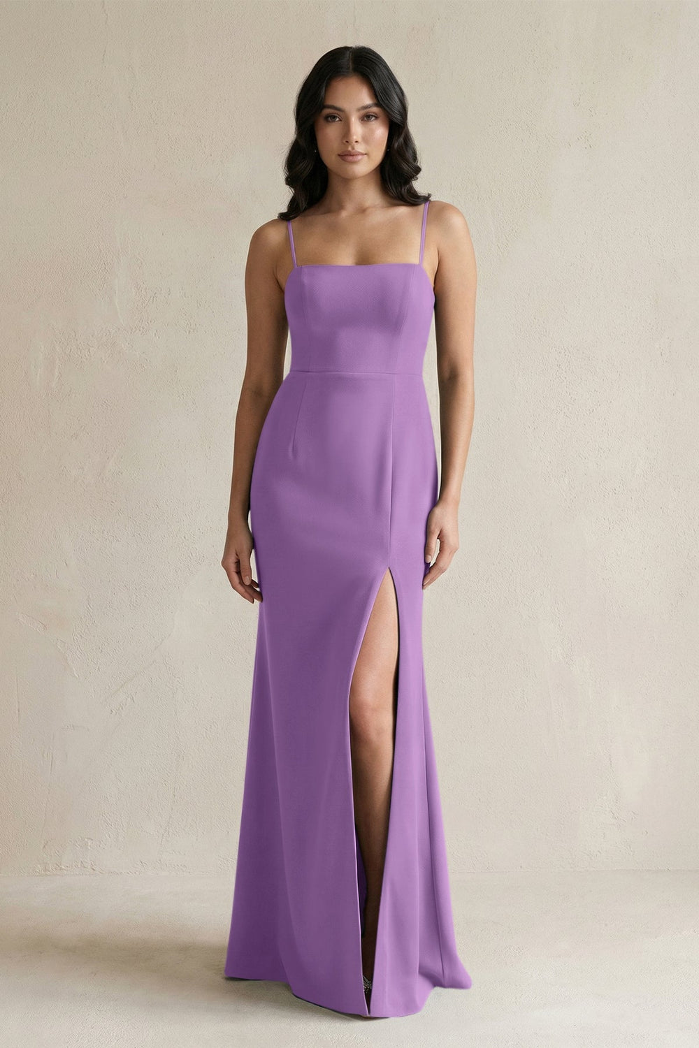 Spaghetti Straps Sheath Stain Bridesmaid Dress With Slit in Wisteria - KissProm Bridesmaid Dresses