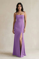 Spaghetti Straps Sheath Stain Bridesmaid Dress With Slit in Wisteria - KissProm Bridesmaid Dresses