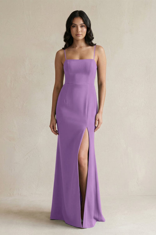 Spaghetti Straps Sheath Stain Bridesmaid Dress With Slit in Wisteria - KissProm Bridesmaid Dresses