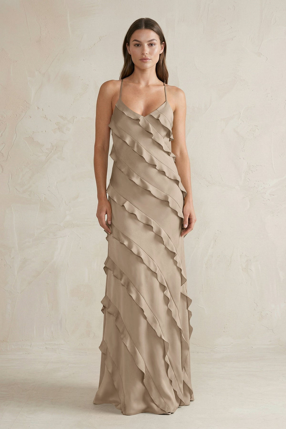 Spaghetti Straps Sheath Stain Ruffled Bridesmaid Dress in Almond - KissProm Bridesmaid Dresses
