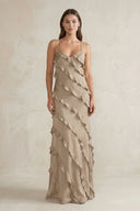 Spaghetti Straps Sheath Stain Ruffled Bridesmaid Dress in Almond - KissProm Bridesmaid Dresses