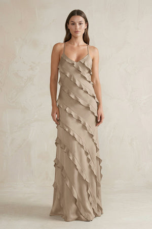 Spaghetti Straps Sheath Stain Ruffled Bridesmaid Dress in Almond - KissProm Bridesmaid Dresses