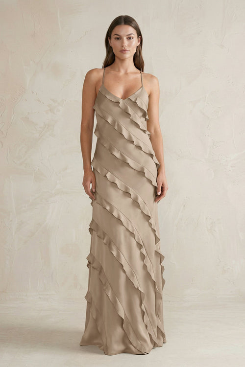 Spaghetti Straps Sheath Stain Ruffled Bridesmaid Dress in Almond - KissProm Bridesmaid Dresses