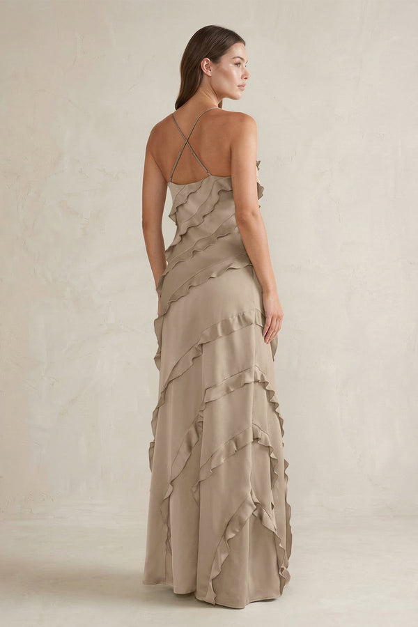 Spaghetti Straps Sheath Stain Ruffled Bridesmaid Dress in Almond - KissProm Bridesmaid Dresses