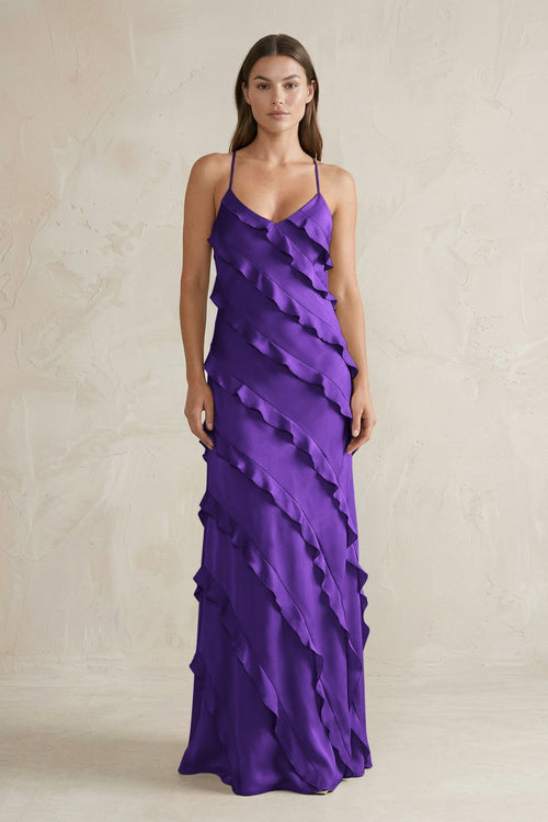 Spaghetti Straps Sheath Stain Ruffled Bridesmaid Dress in Amethyst - KissProm Bridesmaid Dresses