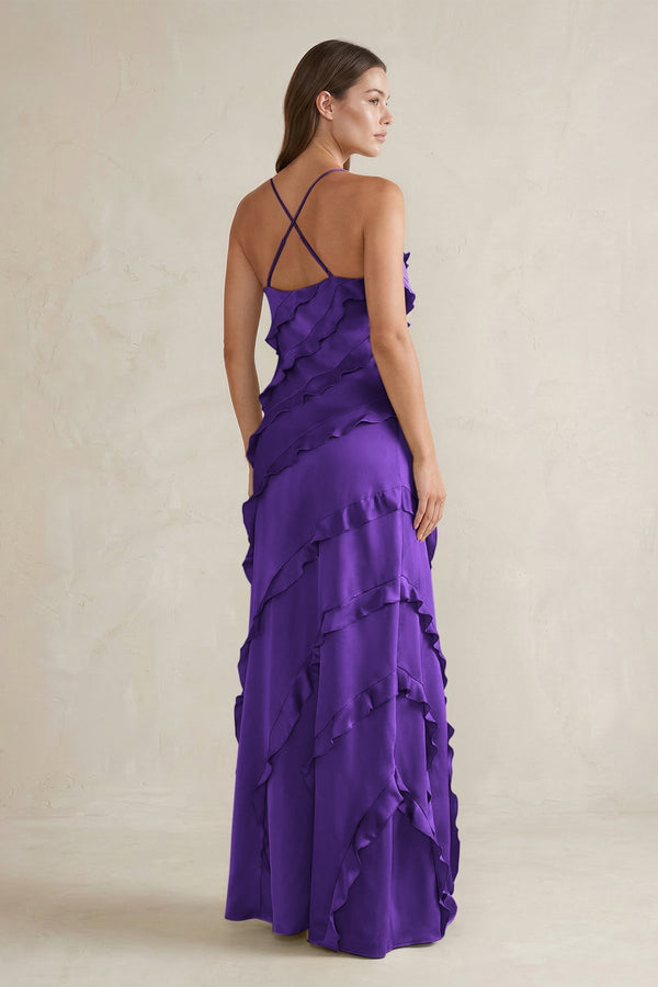 Spaghetti Straps Sheath Stain Ruffled Bridesmaid Dress in Amethyst - KissProm Bridesmaid Dresses