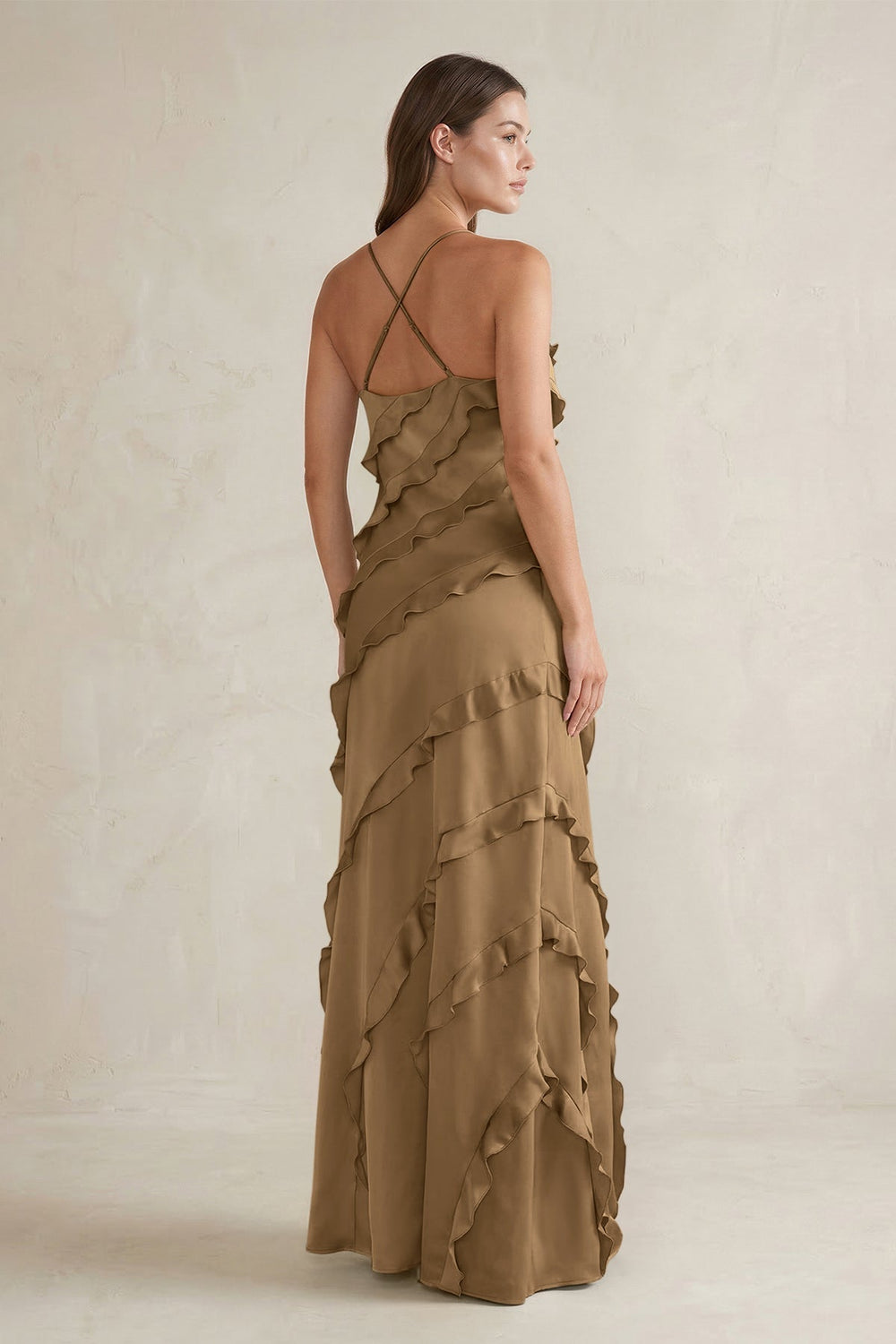Spaghetti Straps Sheath Stain Ruffled Bridesmaid Dress in Apple Cinnamon - KissProm Bridesmaid Dresses