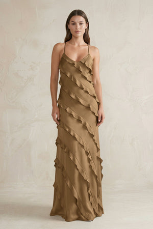 Spaghetti Straps Sheath Stain Ruffled Bridesmaid Dress in Apple Cinnamon - KissProm Bridesmaid Dresses