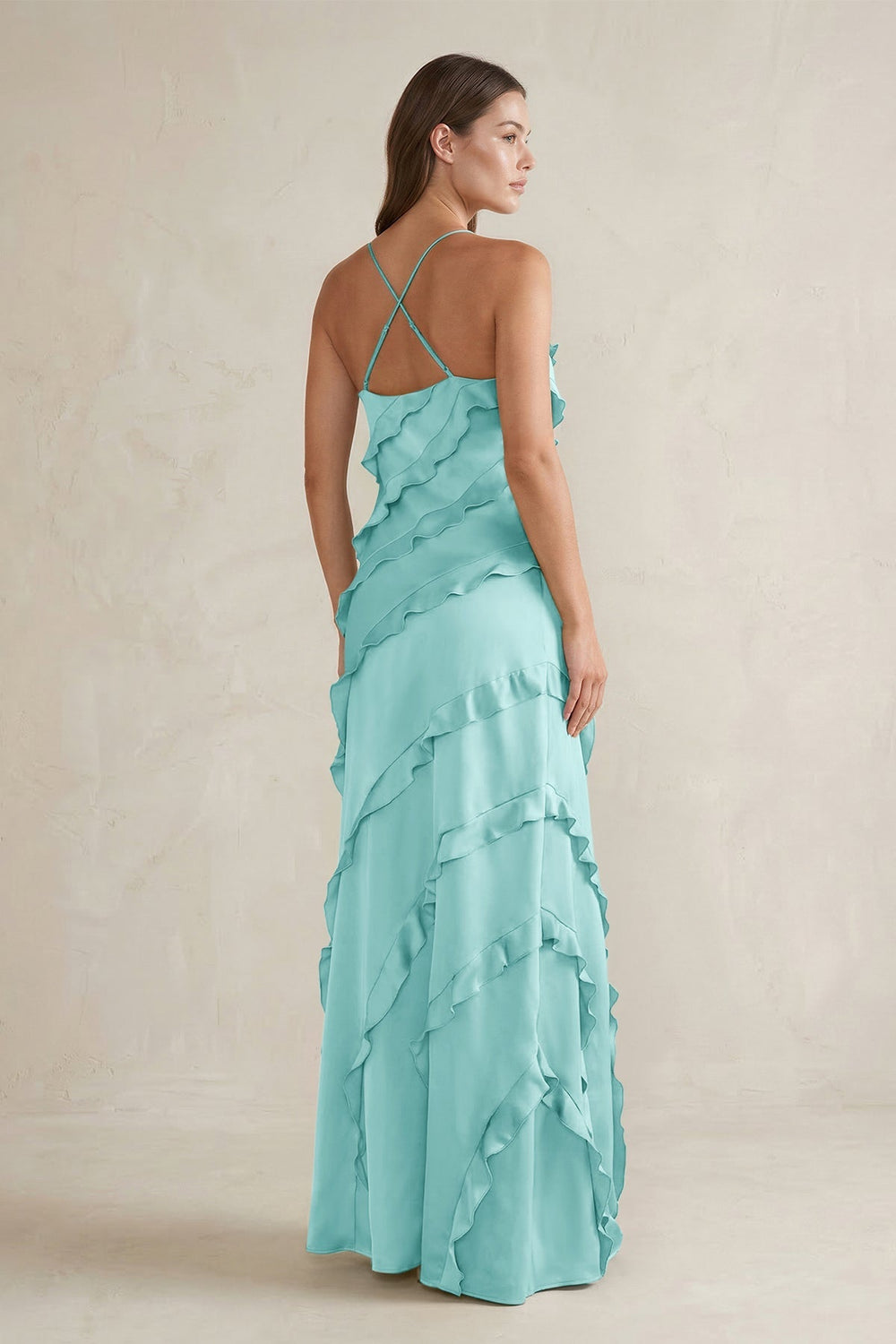 Spaghetti Straps Sheath Stain Ruffled Bridesmaid Dress in Aqua - KissProm Bridesmaid Dresses