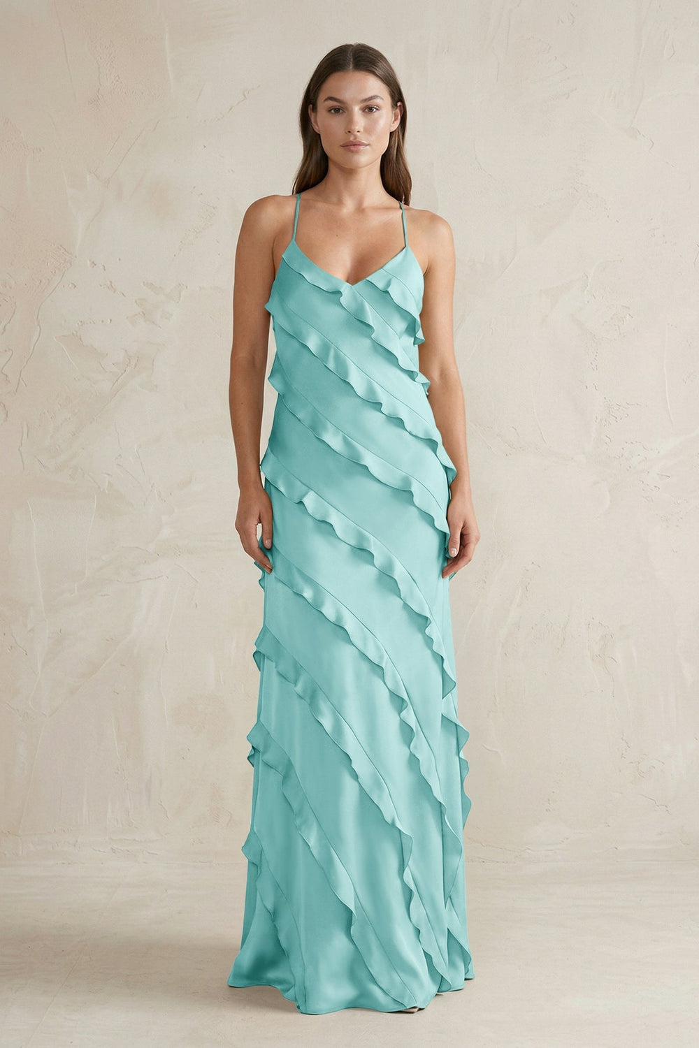 Spaghetti Straps Sheath Stain Ruffled Bridesmaid Dress in Aqua - KissProm Bridesmaid Dresses