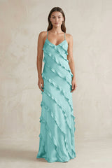 Spaghetti Straps Sheath Stain Ruffled Bridesmaid Dress in Aqua - KissProm Bridesmaid Dresses