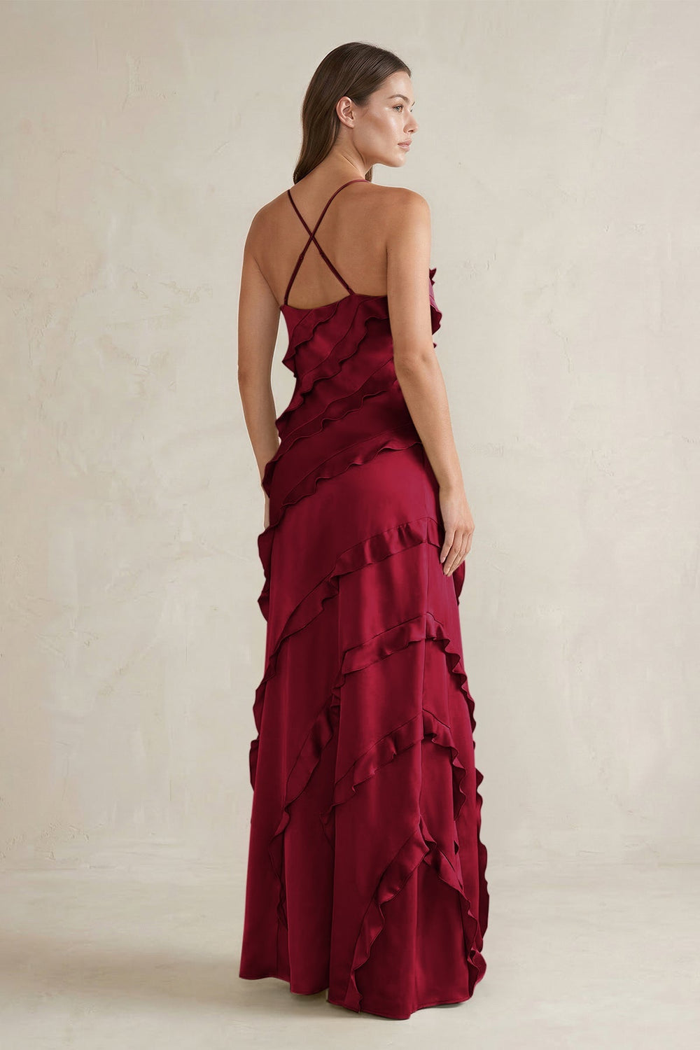 Spaghetti Straps Sheath Stain Ruffled Bridesmaid Dress in Berry - KissProm Bridesmaid Dresses