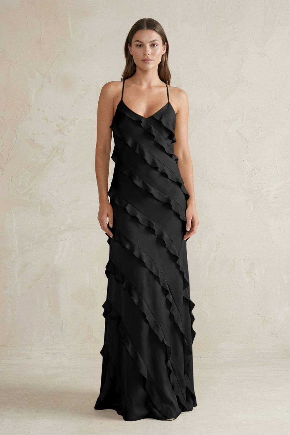 Spaghetti Straps Sheath Stain Ruffled Bridesmaid Dress in Black - KissProm Bridesmaid Dresses