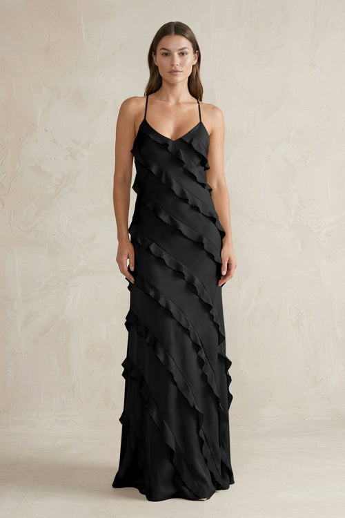 Spaghetti Straps Sheath Stain Ruffled Bridesmaid Dress in Black - KissProm Bridesmaid Dresses